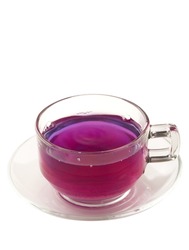 Butterfly pea tea in glass with coaster isolated on white background, blue hot drink. Butterfly pea tea changes its color from blue to purple by mixing lemon juice, Thai herbal tea.