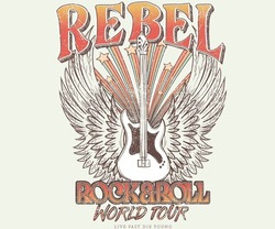 Rebel music poster. Rock and roll vintage print design. Guitar with eagle wing vector artwork for apparel, stickers, posters, background and others. 