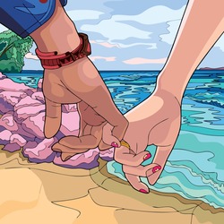 Vector art illustration of two hands of a couple who are on the beach holding on affectionately