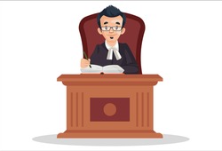 Judge is sitting on chair and writing on a notebook. Vector graphic illustration. Individually on white a background.