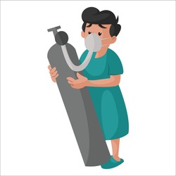 Man patient is holding an oxygen cylinder in hand. Vector graphic illustration. Individually on a white background.