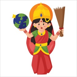 Goddess Lakshmi is holding broom and globe in her hands. Vector graphic illustration. Individually on white background.
