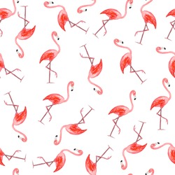 Seamless background with pink watercolor flamingos
