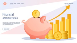 Web design. Big piggy bank, graph up, stack of gold coins. Bank, budget, finance, money savings concept. Vector illustration for flyer, poster, banner, advertising, website development. 