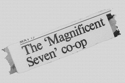 The 'Magnificent Seven' co-op - news story from 1975 UK newspaper headline article title line drawing