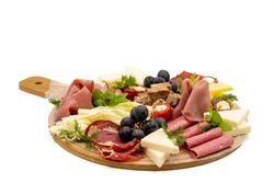 Cold Smoked Meat Plate, antipasto set platter wooden plate. Antipasto board with sliced meat, ham, salami, cheese