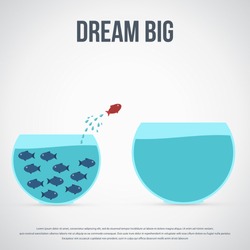 Think differently concept. Red fish jumping outside the aquarium into biger one. New idea, change, trend, courage, creative solution, innovation and unique. Vector illustration. 