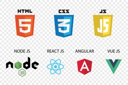 vector collection of web development shield signs: html5, css3, javascript, react js, angular,vue js and node js.