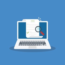 Online digital document inspection or assessment evaluation on laptop computer, contract review, analysis, inspection of agreement contract, compliance verification. Vector illustration 