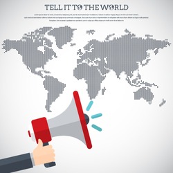 Tell it to the world - Flat design stylish vector illustration of hand holding megaphone with dotted world map. Digital marketing concept. EPS10 vector.