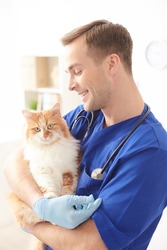 Cheerful male veterinarian is carrying an animal