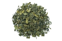 Heap of dry leaf green tea isolated on white background, top view.