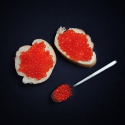 Still life with red caviar, sandwiches and spoon. Flat lay.