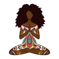 Yoga girl. African american woman doing yoga. Ornament Meditation pose. India ethnic vector illustration style. Black woman lotus Yoga pose 
