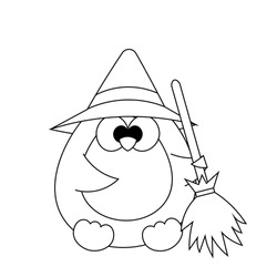 Cute Penguin with broom and witch hat in black and white