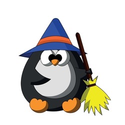 Cute Penguin with broom and witch hat in color
