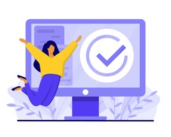Happy jumping girl and computer with checkmark sign. Finished work or completed task concept. Flat style vector illustration.