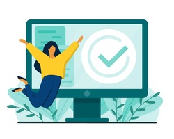 Happy woman and desktop with checkmark sign. Task completed or finished work concept. Flat style vector illustration.