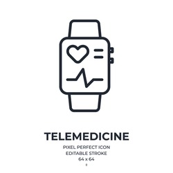 Fitness tracker smart watch and telemedicine concept editable stroke outline icon isolated on white background flat vector illustration. Pixel perfect. 64 x 64.