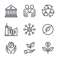 ESG concept. Environmental, social, and corporate governance related editable stroke outline icons set  isolated on white background flat vector illustration. Pixel perfect. 64 x 64.