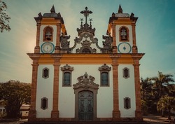 Sabará, Minas Gerais, Brazil - February 04 2020: a baroque-style church in the small historic town of Minas Gerais.  Igreja de Nossa Senhora do Carmo is the church name in portuguese