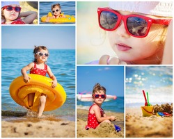 Baby girl on the beach, by the sea. collage. Selective focus.