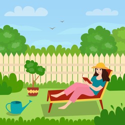 A girl on a lawn chair in the backyard reading a book. Vector illustration with relaxing outdoor garden recreation concept