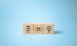 Online merge offline (OMO) concept. Borderless marketing channel conbination strategy create new opportunities, sales increase.  Wooden cubes; combination of online and offline icon, blue background.