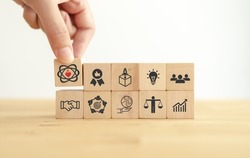 Core values,corporate values concept.  Company culture and strategy related to business and customer relationships, growth. Principles guide company's action. Put wooden cubes with core values icons.
