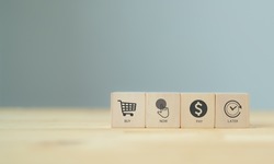 Buy now pay later BNPL online shopping concept. Online shopping, internet retail and e-commerce. Customer service, net payment terms. Wooden cubes with BNPL abbreviation, symbols on smart background.