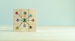 Business ecosystem and partnerships concept. Business collaboration strategies.  The value of network and solution of creating new opportunities.  Ecosystem partnerships symbol on wooden cubes.
