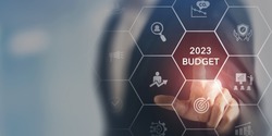 2023 Budget planning and management concept. Company budget allocation for business or project management. Effective and smart budgeting. Plan, review, approve, allocate, analyze and optimize budgets.