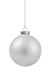 White christmas ball hanging on string, isolated on white