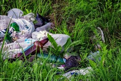 Garbage in meadow. Rubbish, trash left after picnic. People illegally throw garbage into forest. Illegal garbage dump in nature. Dirty environment garbage polluting near footpath in forest. 