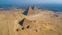 Giza pyramids landscape. historical egypt pyramids shot by drone.