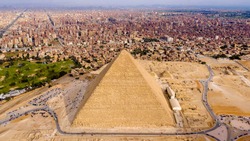 Aerial Landscape view of Pyramid of Khufu, Giza pyramids landscape. historical egypt pyramids shot by drone.