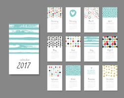 Calendar 2017. Templates with creative hand drawn textures. Vector illustration. . Blue, pink, black and gold colors.