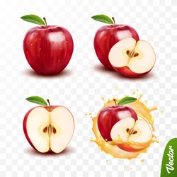 3d realistic transparent isolated vector set, whole and slice of apple, apple in a splash of juice with drops