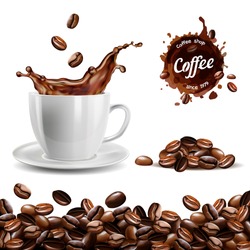 Realistic vector set of elements (coffee beans background, coffee cup, a coffee splash, pile and stain, logo)