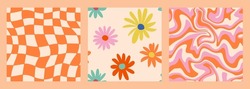 1970 Daisy Flowers, Trippy Grid, Wavy Swirl Seamless Pattern Pack in Orange, Pink Colors. Hand-Drawn Vector Illustration. Seventies Style, Groovy Background, Wallpaper. Flat Design, Hippie Aesthetic.