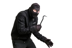 Masked thief in balaclava with crowbar isolated on white background