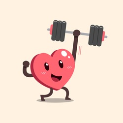 Cartoon heart character doing weight training for design.