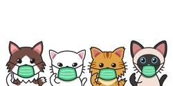 Set of cartoon character cute cats wearing protective face masks for design.