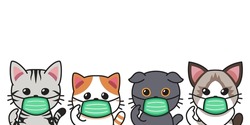 Set of vector cartoon character cats wearing protective face masks for design.