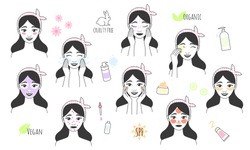 Hand drawn girl takes care of her face. Skin care procedures. Line style icon of daily beauty treatments. Doodle style vector illustration. Skin care, acne treatment, washes makeup, facial massage.