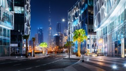 Beautiful view to Dubai downtown city center skyline from Design District at night, United Arab Emirates