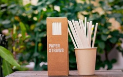 Paper straws in the paper cup and box selective focus on wooden table. Kraft paper straw for drinking coffee or tea. Disposable cocktail tube.