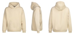 Beige hoodie template. Hoodie sweatshirt long sleeve with clipping path, hoody for design mockup for print, isolated on white background.