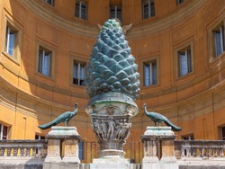 Cone and peacock statues in countyard of Vatican museum