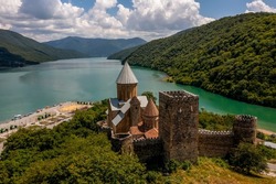Aerial scenic view of Ananuri Fortress Complex on the Aragvi River in Georgia. The castle was the scene of numerous battles